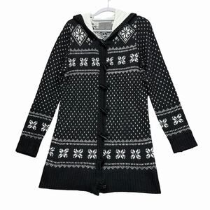 Vero Moda Womens M Nordic Knit Hooded Long Cardigan Black White